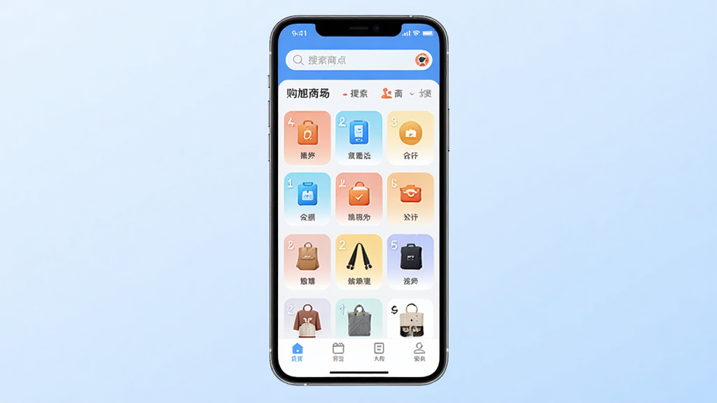 音旭生活APP主界面展示,画面中央是一部智能手机,屏幕显示购物商城首页,顶部有搜索栏,中部为商品分类图标网格,底部为导航菜单,背景为浅蓝色渐变,风格简洁现代,细节清晰,画质干净,无多余元素