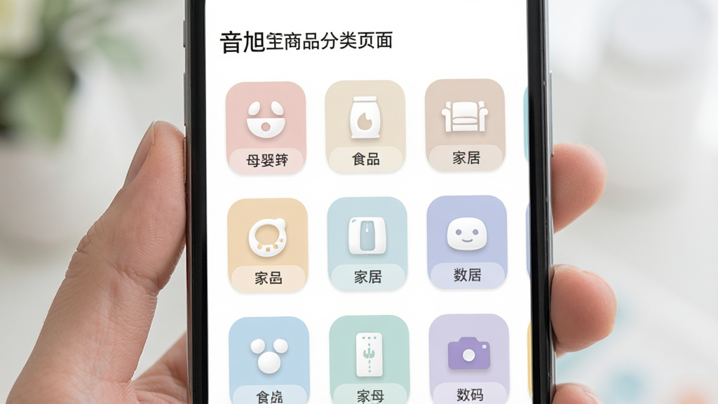 音旭生活商品分类页面,手机屏幕显示母婴、食品、家居、数码等分类图标整齐排列,配色柔和,布局清晰,风格清新,画质干净,无多余元素