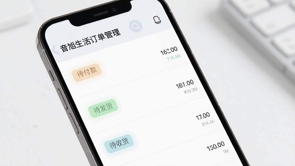 音旭生活订单管理界面,手机屏幕显示订单列表,包含待付款、待发货、待收货等状态标签,界面简洁,配色淡雅,风格商务,画质清晰,无多余元素