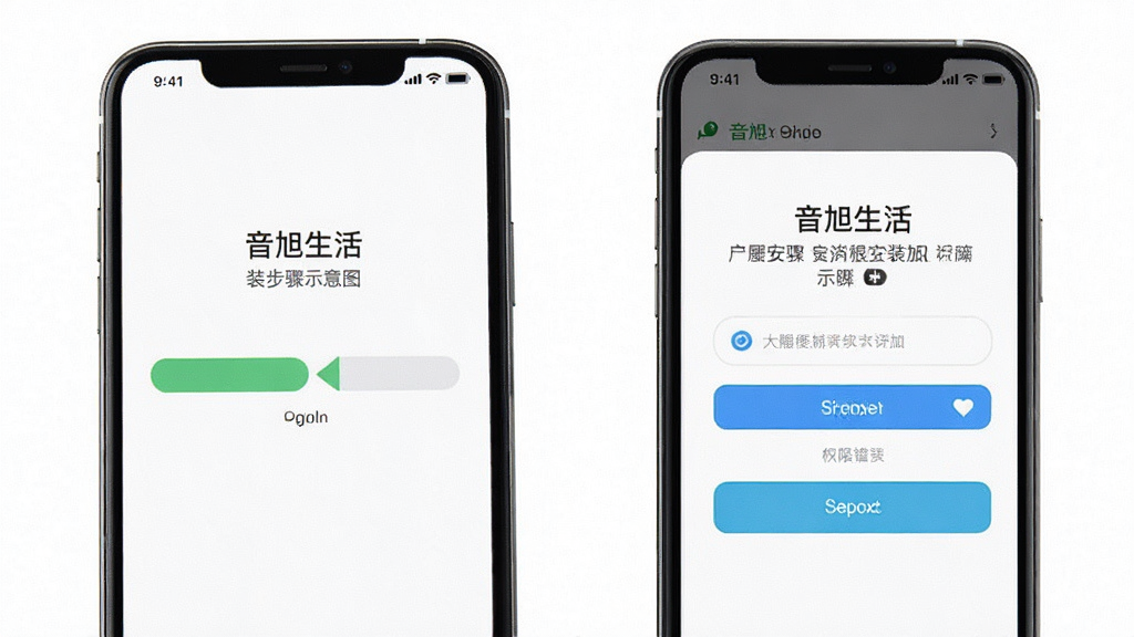 音旭生活安装步骤示意图,手机屏幕显示安装进度条与权限开启界面,背景为白色,风格简洁,细节清晰,画质干净,无多余元素