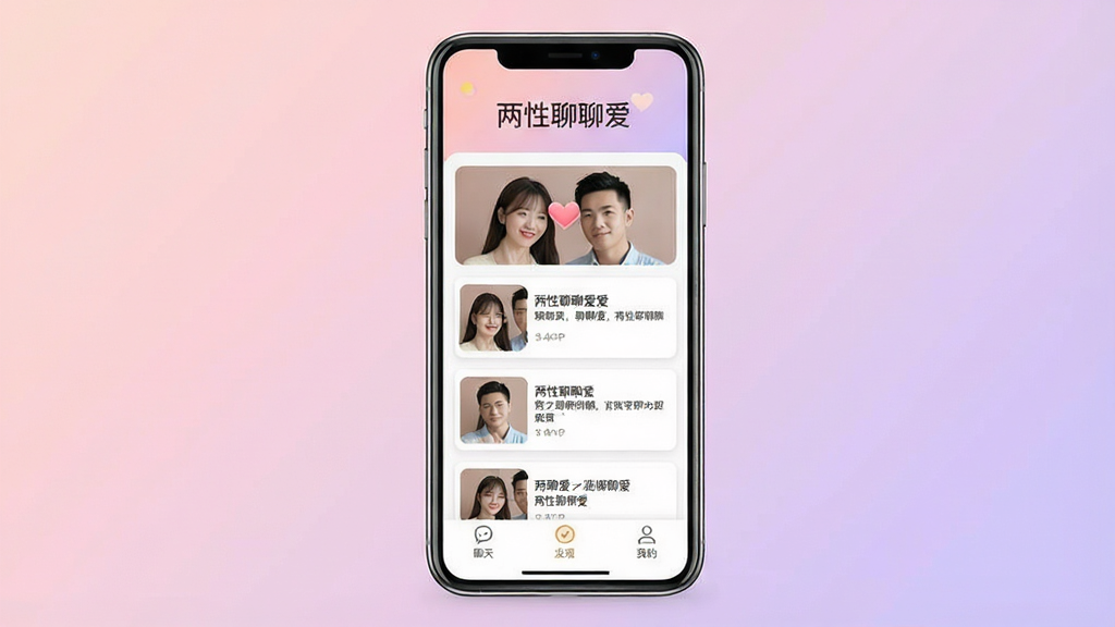 一张展示两性聊聊爱软件界面的手机样机图,主体为一部竖屏智能手机,屏幕内显示两性聊聊爱应用的主页,主页上方有“两性聊聊爱”文字标识,中间区域是两性情感话题卡片列表,底部有聊天、发现、我的等导航图标,布局居中,背景为柔和的浅粉色与浅紫色渐变,风格温馨简约,细节清晰,画质1080P,干净无多余元素