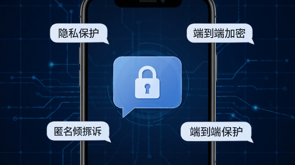 一部手机屏幕显示两性聊聊爱匿名倾诉界面,画面中央是一个带有锁形图标的聊天气泡,周围环绕着“隐私保护”“端到端加密”等文字标签,背景为深蓝色科技感网格,风格安全可靠,细节锐利,画质高清,干净无多余元素