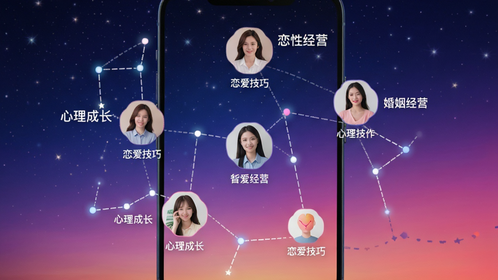 两性聊聊爱兴趣圈子界面展示图,手机屏幕中显示多个圆形头像排列成星座状,每个头像旁标注“恋爱技巧”“婚姻经营”“心理成长”等圈子名称,背景为星空渐变,风格活泼现代,细节丰富,画质清晰,干净无多余元素