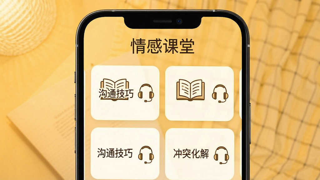 两性聊聊爱情感课堂页面,手机屏幕上方显示“情感课堂”标题,下方排列着课程卡片,卡片上有“沟通技巧”“冲突化解”等字样,旁边配有打开的书本和耳机图标,背景为暖黄色调,风格知性温和,细节清晰,画质优良,干净无多余元素