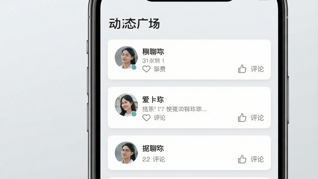 两性聊聊爱动态广场界面,手机屏幕显示瀑布流式卡片,每张卡片包含用户头像、昵称、文字动态和点赞评论图标,屏幕顶部有“动态广场”标题,背景为浅灰色,风格清爽简洁,细节到位,画质高清,干净无多余元素