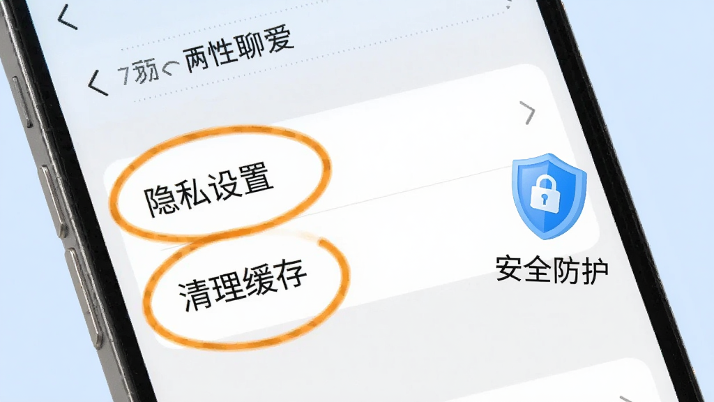 一部手机屏幕显示两性聊聊爱的设置页面,其中“隐私设置”和“清理缓存”选项被高亮圈出,旁边有一个盾牌图标和“安全防护”文字,背景为浅蓝色,风格清晰直观,细节明确,画质高清,干净无多余元素