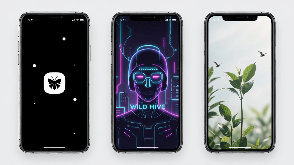 一张展示 Wild Hive 个性化定制功能的图片,画面主体是多个手机屏幕并排展示不同的主题风格,左侧是极简黑白风,中间是霓虹赛博风,右侧是清新自然风。布局采用三屏横向排列,背景为纯净的浅灰色。排版整齐划一,风格为数字产品展示图。细节上突出图标和壁纸的差异,画质高清,干净,无多余元素。