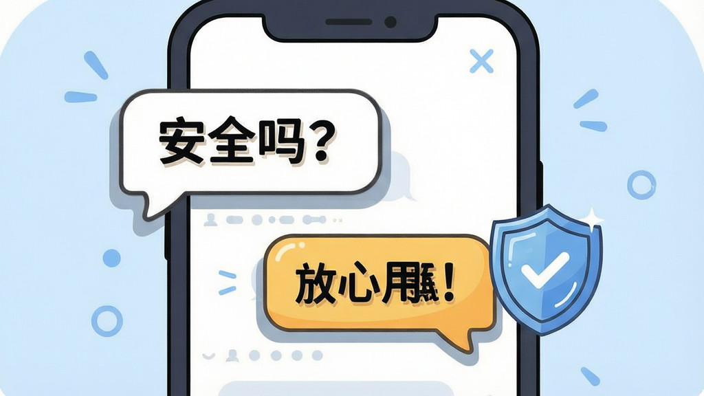 一张 Wild Hive 用户问答场景的示意图,画面主体是一个卡通风格的手机屏幕,屏幕上显示着对话气泡,一个气泡写着“安全吗?”,另一个气泡写着“放心用!”,旁边有盾牌图标。布局简单明了,背景为柔和的浅蓝色。排版活泼,风格为扁平化插画。细节包括气泡的阴影和盾牌的高光。画质高清,干净,无多余元素。