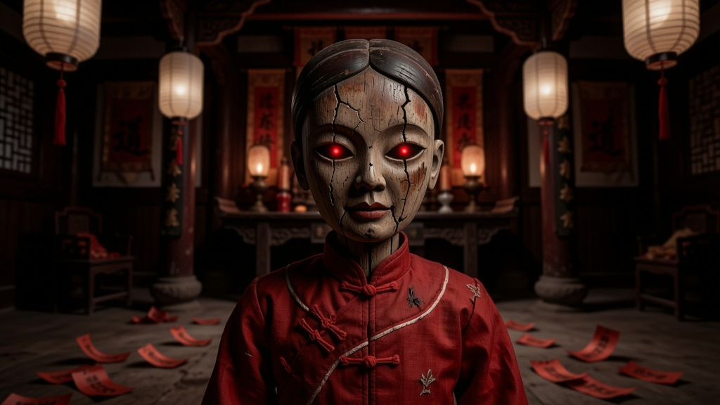 画面中央放置一个穿着红色中式嫁衣的古老木偶,木偶面部有裂纹,眼睛部位发出微弱红光,背景是昏暗的古老祠堂,四周悬挂白色灯笼,地面散落纸钱,整体色调暗红与漆黑交织,风格为中式恐怖写实,细节刻画木偶纹理与布料褶皱,画质高清,干净,无多余元素