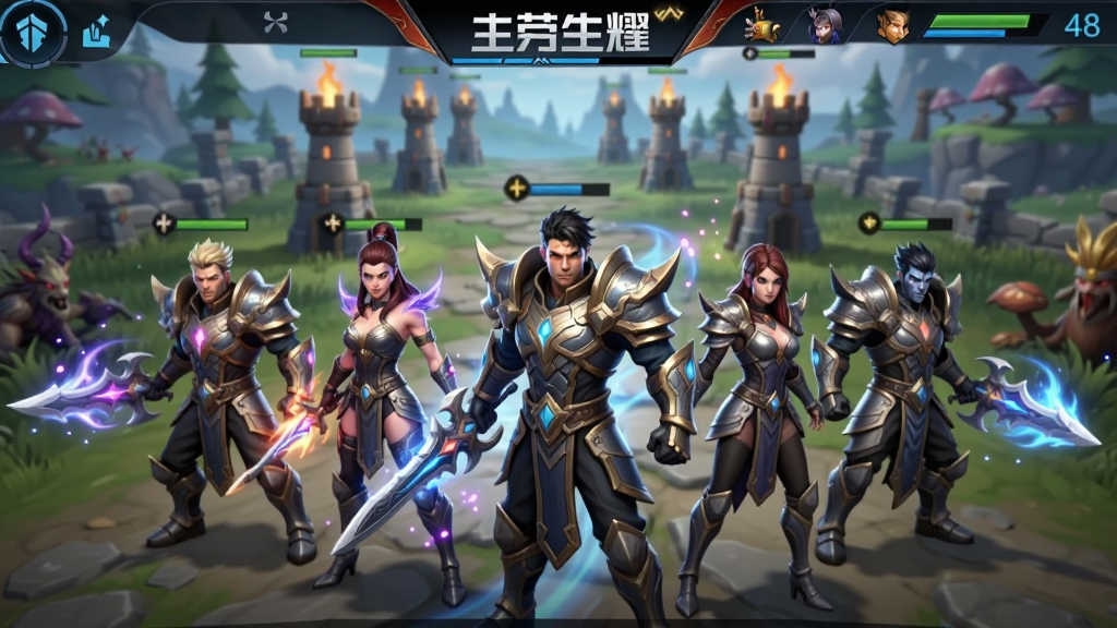 王者荣耀-全球国际服游戏主界面截图,主体为五位英雄并排站立在峡谷战场中央,布局采用横向宽幅构图,排版上游戏LOGO置于画面上方居中位置,风格为3D渲染写实奇幻风,细节包括英雄铠甲纹理、技能光效粒子、背景防御塔与野区环境,画质为4K超高清、干净、无多余元素
