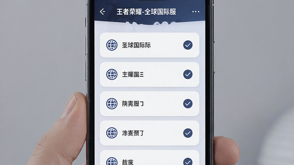 王者荣耀-全球国际服多语言设置界面展示图,主体为手机屏幕特写,布局为竖屏居中展示,排版上语言选项列表以圆角卡片形式排列,风格为简洁现代UI风,细节包括地球图标、语言名称文字、勾选状态标记,画质为高清、干净、无多余元素,画面中文字内容包含“王者荣耀-全球国际服”