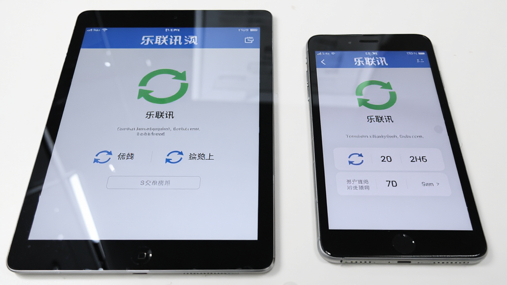一台平板电脑和一部手机并排放在白色桌面上,两台设备屏幕均显示“乐联讯”应用界面,界面中有同步图标和验证码列表,布局为左右对比展示,风格为清新科技风,细节包括设备边框、屏幕反光、同步箭头标识,画质清晰,干净,无多余元素