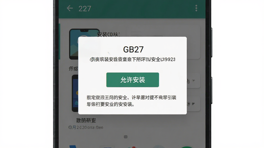 一张AI生成的手机操作示意图,主体为安卓手机屏幕显示GB27安装界面,布局为居中弹窗样式,排版简洁,风格为扁平化设计,细节包含“允许安装”按钮与安全提示文字,画质干净清晰无多余元素