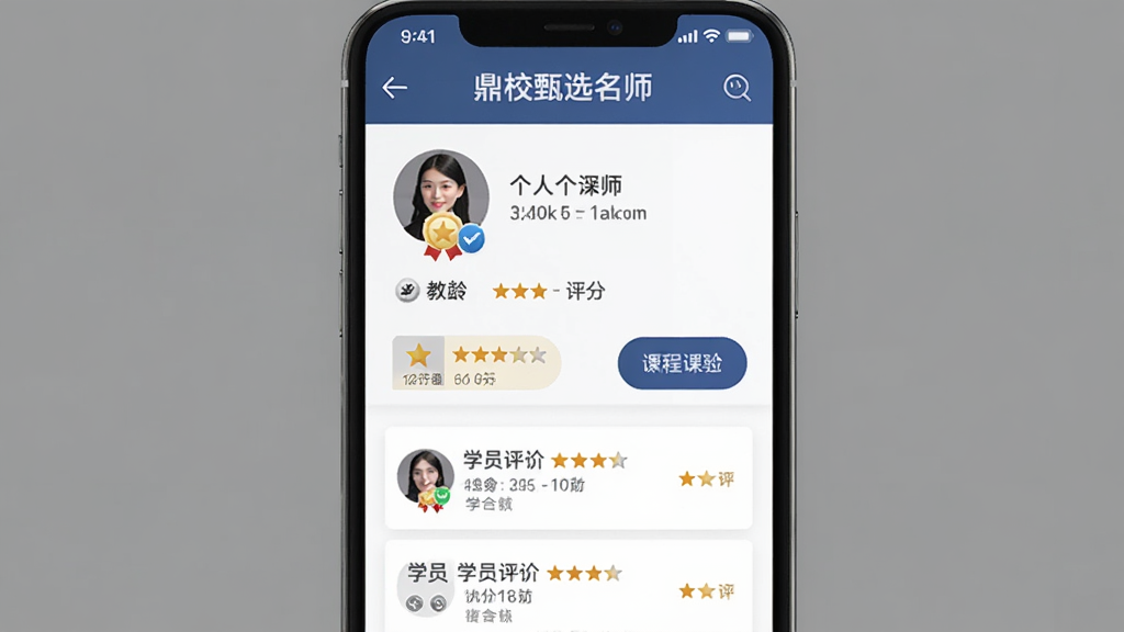 鼎校甄选名师展示页面,画面为手机屏幕呈现教师个人主页,包含头像、教龄、评分、学员评价列表,布局采用上下结构,风格专业稳重,细节包括认证徽章、课程数量标签、互动按钮,画质高清,干净,无多余元素