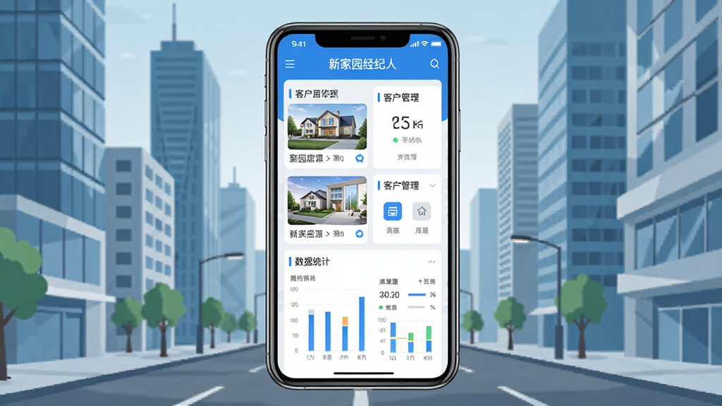 手机屏幕中央展示“新家园经纪人”应用主界面,界面布局清晰,上方是房源列表和客户管理模块,下方是数据统计图表,背景为现代城市高楼与街道,画面风格为扁平化科技风,细节包括手机边框、图标和文字标签,画质高清干净,无多余元素