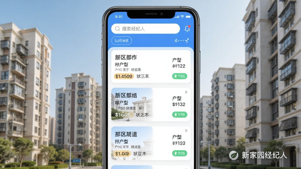 手机界面展示房源卡片列表,每张卡片带有小区名称、户型、价格和状态标签,背景是城市住宅楼群,风格为明亮简约的UI设计,细节包括搜索栏和筛选按钮,画质清晰干净,画面中带有“新家园经纪人”字样