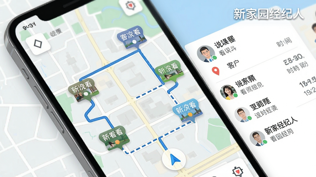 手机屏幕显示地图导航界面,上面标注多个带看地点并用路线连接,旁边有客户姓名和时间安排列表,风格为现代扁平化设计,细节包括定位图标和路线虚线,画质高清干净,画面中带有“新家园经纪人”字样