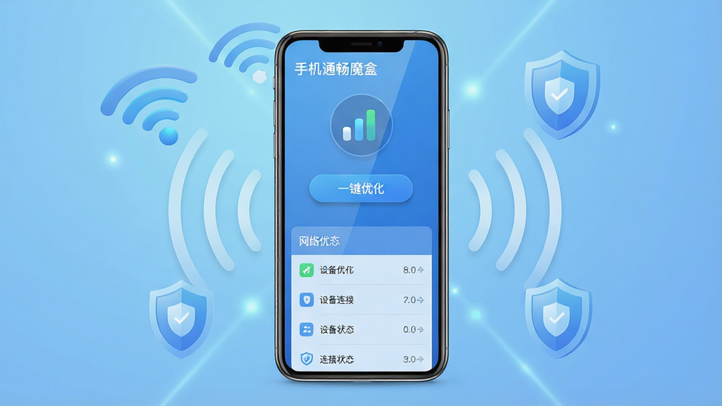 一张展示手机通畅魔盒软件主界面的预览图,画面中央是一部现代智能手机,屏幕上显示着简洁的蓝色调应用界面,界面中包含网络信号强度图标、一键优化按钮和设备连接状态列表,背景是淡雅的科技感渐变蓝色,周围环绕着WiFi信号波纹和盾牌安全图标,整体布局为居中构图,风格为扁平化科技风,细节包括清晰的按钮阴影和柔和的屏幕反光,画质为高清4K,画面干净无多余元素,文字内容为“手机通畅魔盒”
