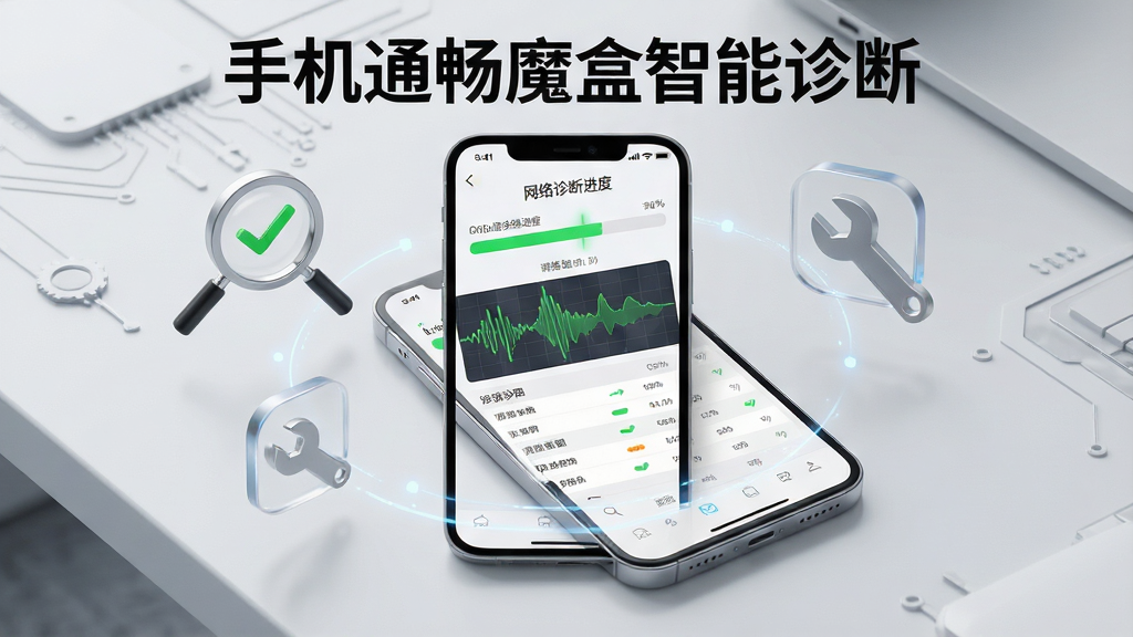 一张展示手机通畅魔盒智能诊断功能的预览图,画面中一部手机放置在桌面上,屏幕显示着网络诊断进度条和信号波形图,旁边漂浮着放大镜和扳手图标,代表检测与修复,背景为浅灰色科技纹理,布局为手机居中、图标环绕,风格为写实科技风,细节包括屏幕上的绿色对勾标记和诊断数据列表,画质为高清4K,画面干净无多余元素,文字内容为“手机通畅魔盒智能诊断”