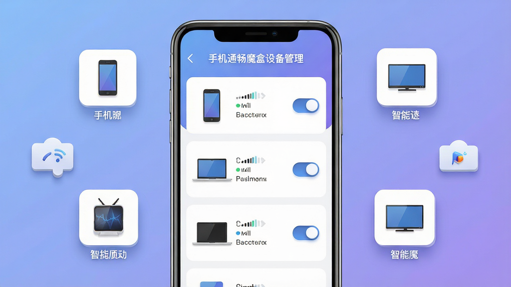 一张展示手机通畅魔盒设备管理界面的预览图,画面中央是一部智能手机,屏幕上显示着连接设备列表,包括手机、笔记本电脑和智能电视的图标,每个设备旁边有信号强度和限速开关,背景为柔和的蓝紫色渐变,布局为手机居中、设备图标悬浮在周围,风格为现代扁平化设计,细节包括清晰的设备名称标签和开关按钮的立体感,画质为高清4K,画面干净无多余元素,文字内容为“手机通畅魔盒设备管理”