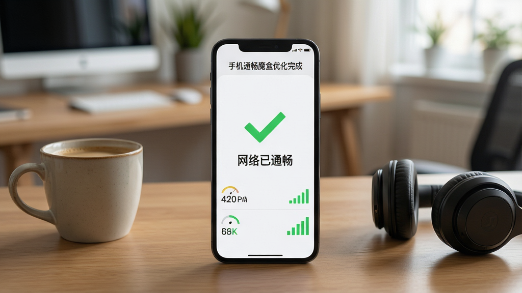 一张展示手机通畅魔盒在手机上运行的实景图,画面中一部手机放在木质桌面上,屏幕显示着优化完成界面,绿色对勾和“网络已通畅”字样清晰可见,旁边有一杯咖啡和一副耳机,背景为居家办公环境,布局为手机居中、物品自然摆放,风格为生活写实风,细节包括屏幕上的网速数值和信号满格图标,画质为高清4K,画面干净无多余元素,文字内容为“手机通畅魔盒优化完成”