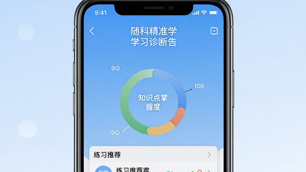 一张展示随科精准学软件界面的手机预览图,画面中央是一部竖屏智能手机,屏幕显示随科精准学的学习诊断报告页面,有知识点掌握度环形图和练习推荐列表,背景为浅蓝色渐变,风格简洁清新,细节清晰,画质干净,无多余元素