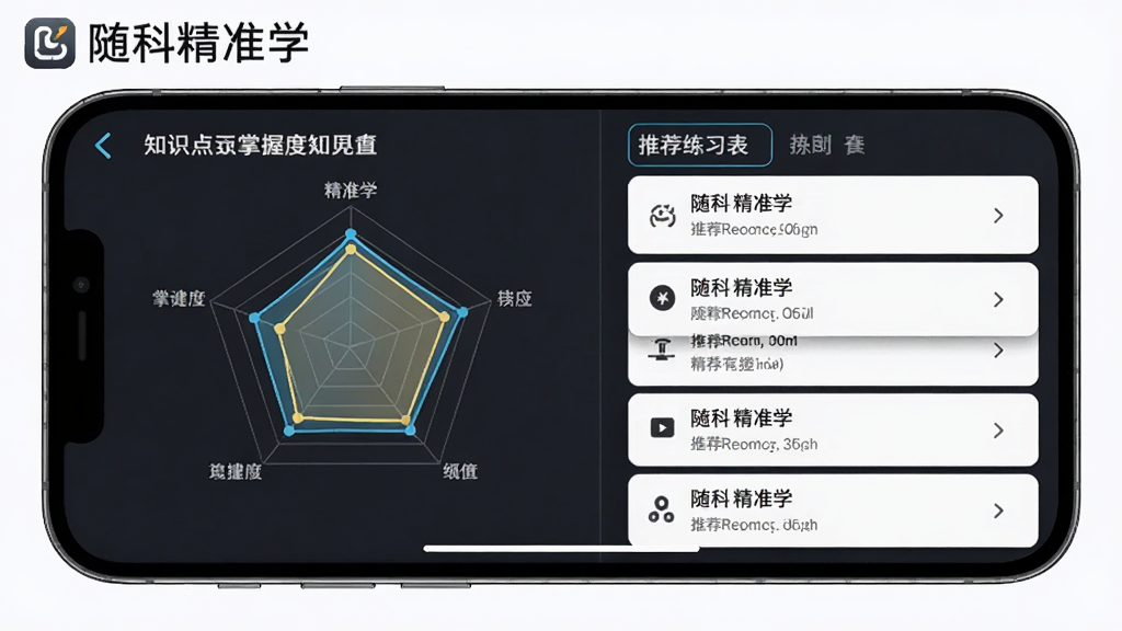 随科精准学功能界面展示图,画面中一部手机横屏展示,屏幕分为左右两部分,左侧是知识点掌握度雷达图,右侧是推荐练习列表,背景为白色简洁风格,有随科精准学文字标识,细节清晰,画质干净