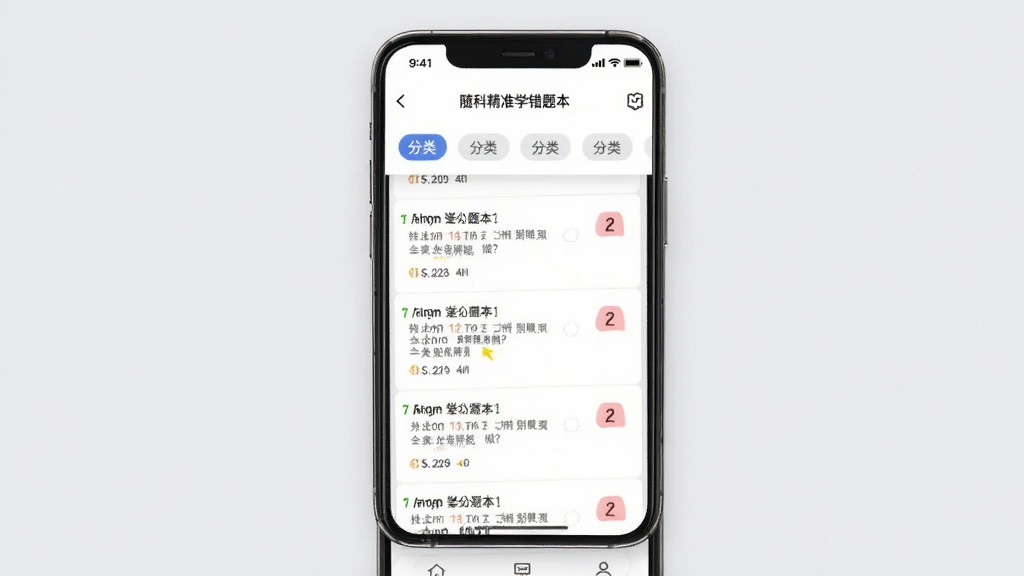 随科精准学错题本界面展示图,画面中一部手机竖屏显示错题整理页面,有分类标签和错题列表,每道题旁边有红色标记,背景为浅灰色,风格干净整洁,画质清晰,无多余元素