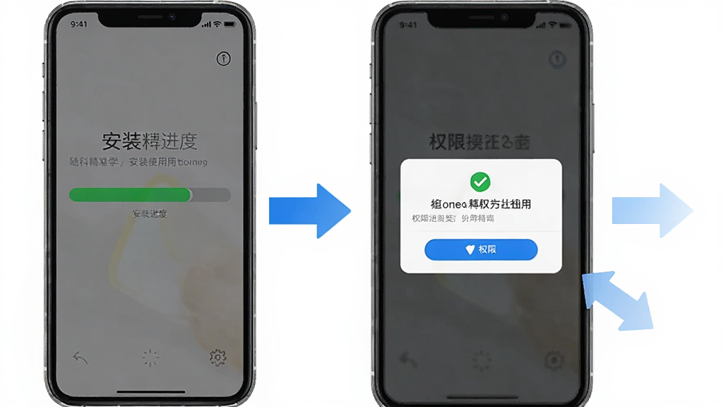 随科精准学安装使用示意图,画面中一部手机展示安装进度条和权限授权弹窗,旁边有蓝色箭头指示操作步骤,背景为白色,风格简洁明了,画质清晰,无多余元素