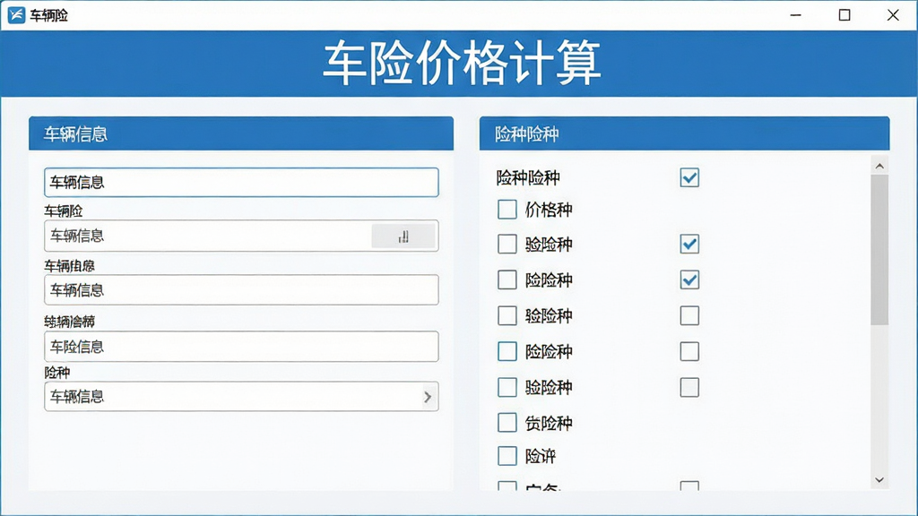 车险价格计算软件主界面截图,展示车辆信息输入框与险种勾选列表,布局简洁清晰,采用蓝白配色商务风格,画面干净无多余元素,高清画质,软件名称“车险价格计算”显示在顶部
