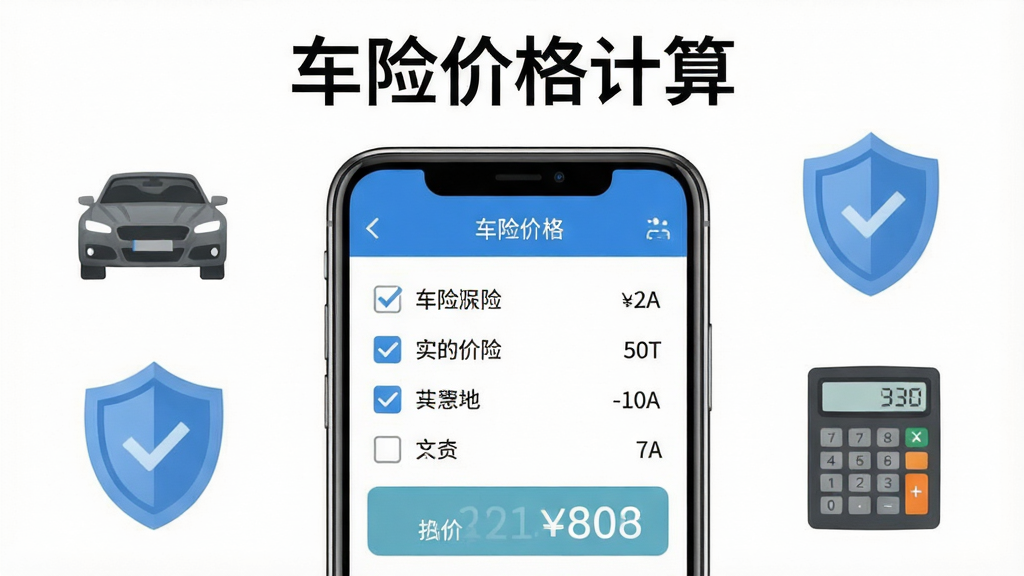 车险价格计算软件功能展示图,画面中央显示手机屏幕内多种险种勾选框与实时报价数字,背景为白色简洁风格,周围环绕汽车、盾牌、计算器等图标元素,排版整齐,画质清晰,软件名称“车险价格计算”以文字形式出现在画面顶部