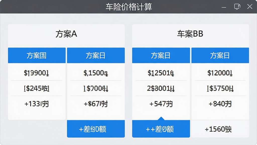 车险价格计算软件历史方案对比界面,展示两条不同险种组合的报价记录并排排列,左侧为方案A右侧为方案B,底部显示差额数字,界面采用浅灰色背景与蓝色高亮,布局对称,画质干净,软件名称“车险价格计算”出现在页面顶部