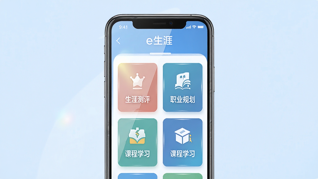 一张展示e生涯手机应用主界面的场景图,画面中央是一部竖直放置的智能手机,屏幕显示e生涯APP的首页,包含生涯测评、职业规划、课程学习等模块图标,背景为简洁的浅蓝色渐变,风格现代商务,细节上屏幕有轻微反光效果,画质清晰干净,无多余元素。