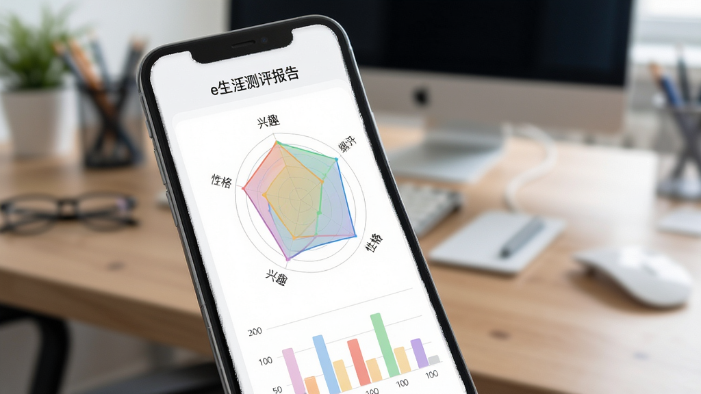 一张展示e生涯测评报告页面的手机截图风格图片,画面中手机屏幕显示色彩丰富的雷达图与柱状图,图表旁标注着兴趣、性格等维度标签,背景为虚化的办公桌场景,风格专业且富有科技感,细节上图表颜色柔和,画质清晰,无多余元素。