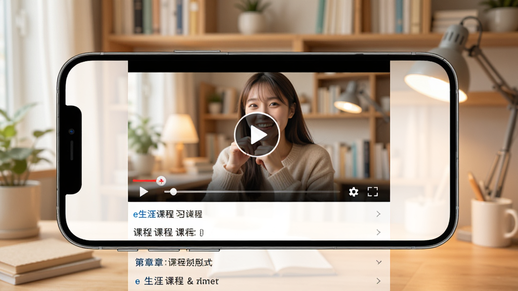 一张展示e生涯课程学习界面的图片,画面中手机横屏显示视频播放窗口,下方排列着课程章节列表,背景为温馨的书房环境,风格清新明快,细节上视频窗口有播放按钮,画质清晰干净,无多余元素。