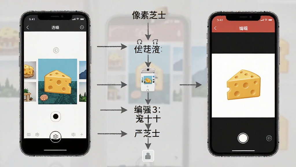 一张AI生成的“像素芝士”移动端操作步骤示意图,主体为手机屏幕中显示从相册选择图片到编辑完成的流程界面,布局为纵向分步展示,风格清晰简洁,细节中每一步都有箭头指引和文字标注,画质高清,干净,无多余元素