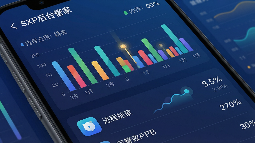 一张展示SXP后台管家实时进程监控功能的界面截图风格图片,画面主体为手机屏幕特写,屏幕内显示着彩色柱状图与进程列表,柱状图展示CPU与内存占用排名,列表项包含应用图标、名称及占用百分比,界面采用深蓝色渐变背景,数据高亮清晰,风格为专业数据仪表盘设计,细节上体现流畅的动画感与精致图标,画质高清干净,无杂乱元素,图片中文字包含“SXP后台管家”