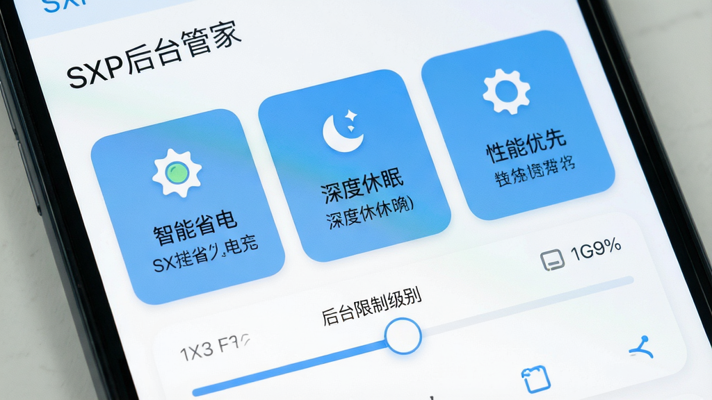 一张展示SXP后台管家省电策略设置界面的图片,画面聚焦于手机屏幕,屏幕上显示着多个省电模式选项卡片,如“智能省电”、“深度休眠”、“性能优先”,每个卡片配有图标与简短说明,下方有滑动条用于调节后台限制级别,界面风格清新简约,以白色和浅蓝色为主,布局清晰,细节上体现圆角与柔和阴影,画质明亮干净,无多余装饰,图片中文字包含“SXP后台管家”
