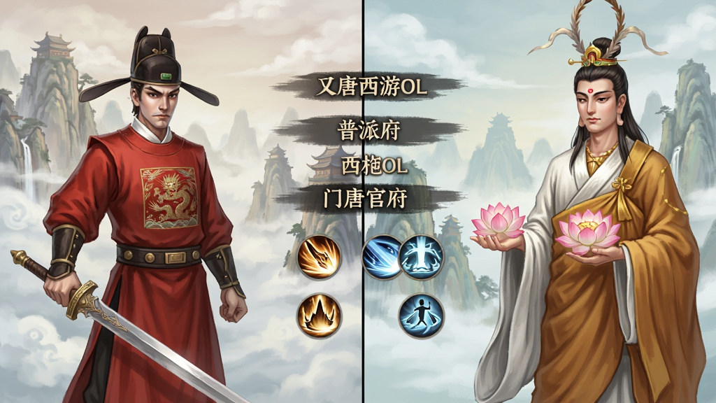 汉风西游OL门派角色选择界面预览图,画面分为左右两部分,左侧展示一位身穿红色官服、手持长剑的大唐官府角色,右侧展示一位身披袈裟、手托莲花的普陀山角色,背景是云雾缭绕的仙山,画面中央有门派名称和技能图标,整体风格为细腻的国风手绘,色彩柔和,画质清晰,干净无多余元素