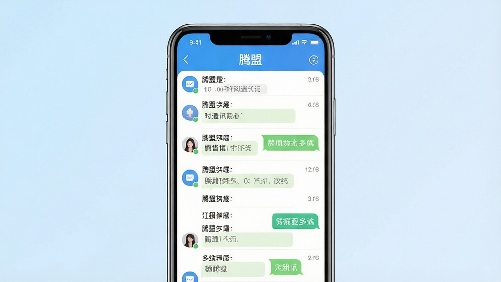 一张展示腾盟即时通讯软件主界面的效果图,画面中央是手机屏幕,屏幕内显示腾盟聊天列表界面,顶部有“腾盟”字样,背景为浅蓝色渐变,风格简洁现代,细节清晰,画质干净,无多余元素