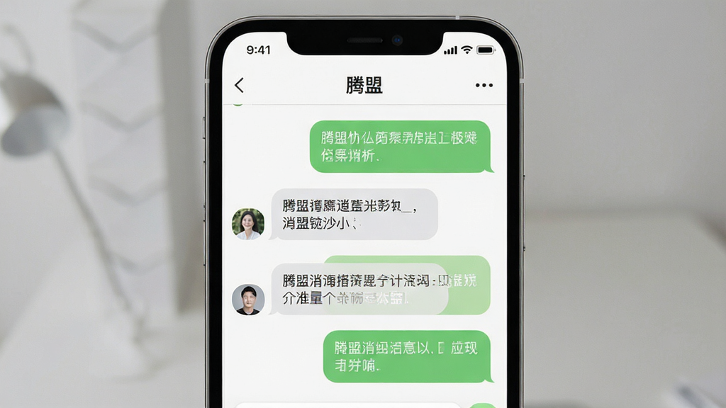 一张展示腾盟消息聊天界面的AI生图,画面主体为手机屏幕中的聊天气泡对话界面,屏幕上方有“腾盟”应用名称,布局居中,风格清新简约,细节丰富,画质干净,无多余元素