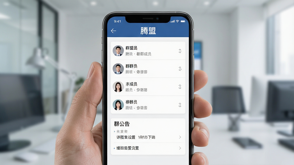 一张展示腾盟群组管理界面的AI生图,画面为手机屏幕显示群组成员列表与群公告设置页面,顶部有“腾盟”标识,布局清晰,风格商务简洁,细节到位,画质干净,无多余元素