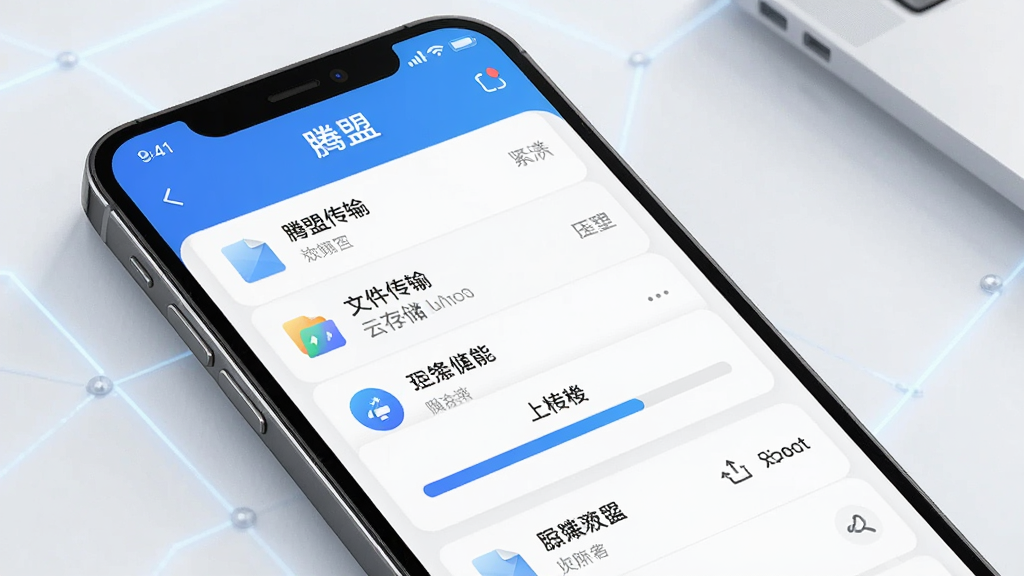 一张展示腾盟文件传输与云存储功能的AI生图,画面为手机屏幕显示文件列表与上传进度条,界面中有“腾盟”字样,布局规整,风格科技感,细节清晰,画质干净,无多余元素