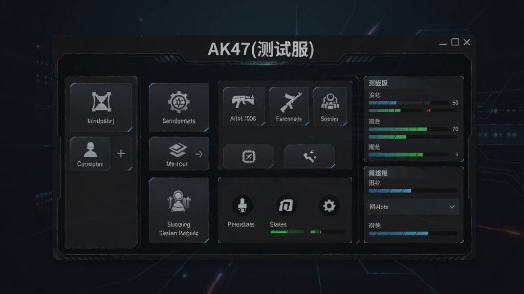 一张展示AK47(测试服)软件主界面的预览图,画面中央为深色科技风格的应用面板,顶部显示“AK47(测试服)”字样,界面中分布着功能按钮与状态指示器,背景为暗色渐变,整体布局简洁清晰,风格偏向射击游戏辅助工具,细节包含图标、文字标签与进度条,画质清晰,干净,无多余元素
