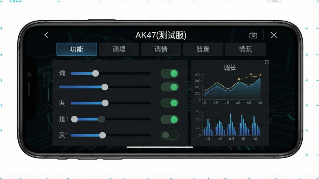 一张AK47(测试服)功能展示图,画面主体为手机屏幕中的测试功能面板,面板上标注“AK47(测试服)”名称,布局采用上下结构,上方为功能切换标签,下方为参数调节区域,风格为深色科技感,细节包含滑块、开关按钮与数据图表,画质清晰,干净,无多余元素