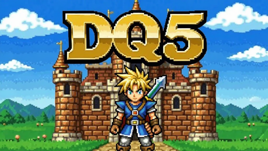 DQ5勇者斗恶龙5游戏主界面截图,画面中央是像素风格的勇者主角站在城堡前,背景是蓝天白云和绿色原野,画面布局为经典RPG游戏标题画面,上方有