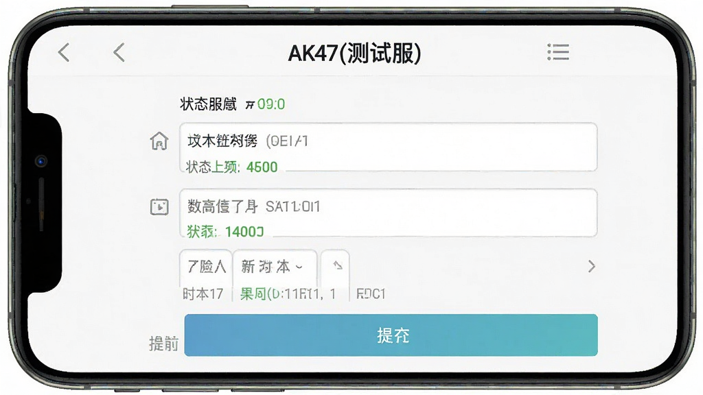 一张AK47(测试服)数据反馈界面图,画面展示手机应用中的反馈提交页面,顶部有“AK47(测试服)”标识,布局为表单结构,包含文本输入框与提交按钮,风格简洁明快,细节有状态提示文字与图标,画质清晰,干净,无多余元素