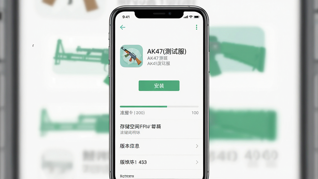 一张AK47(测试服)安装包信息图,画面中心为手机屏幕显示的应用安装界面,界面上标注“AK47(测试服)”名称与安装按钮,布局为竖向排列,风格清爽扁平,细节包含进度条、存储空间提示与版本信息,画质清晰,干净,无多余元素