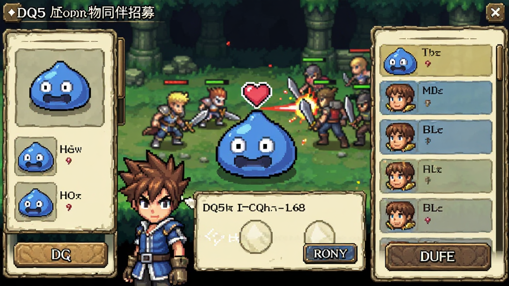 DQ5怪物同伴招募界面,画面中主角正与一只史莱姆对话,史莱姆头顶有爱心图标表示即将加入队伍,背景为战斗场景,布局为左右分栏左侧显示怪物图鉴右侧显示队伍列表,风格为日式RPG像素风,细节包括怪物表情和UI按钮纹理,画质干净清晰,无多余元素