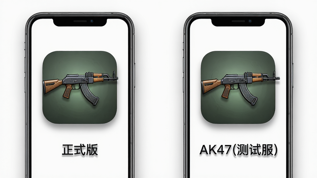 一张AK47(测试服)双版本共存示意图,画面展示两部手机并排摆放,左侧为正式版图标,右侧为“AK47(测试服)”图标,布局为左右对比结构,风格简约现代,细节包含图标阴影与文字标注,画质清晰,干净,无多余元素